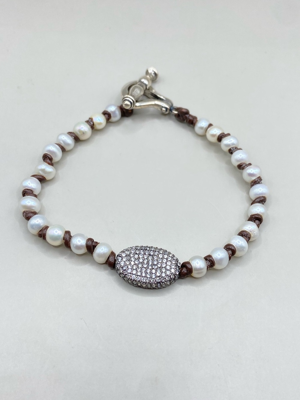 Kabana Pearl Leather Pave Cubic Zircona Toggle Bracelet